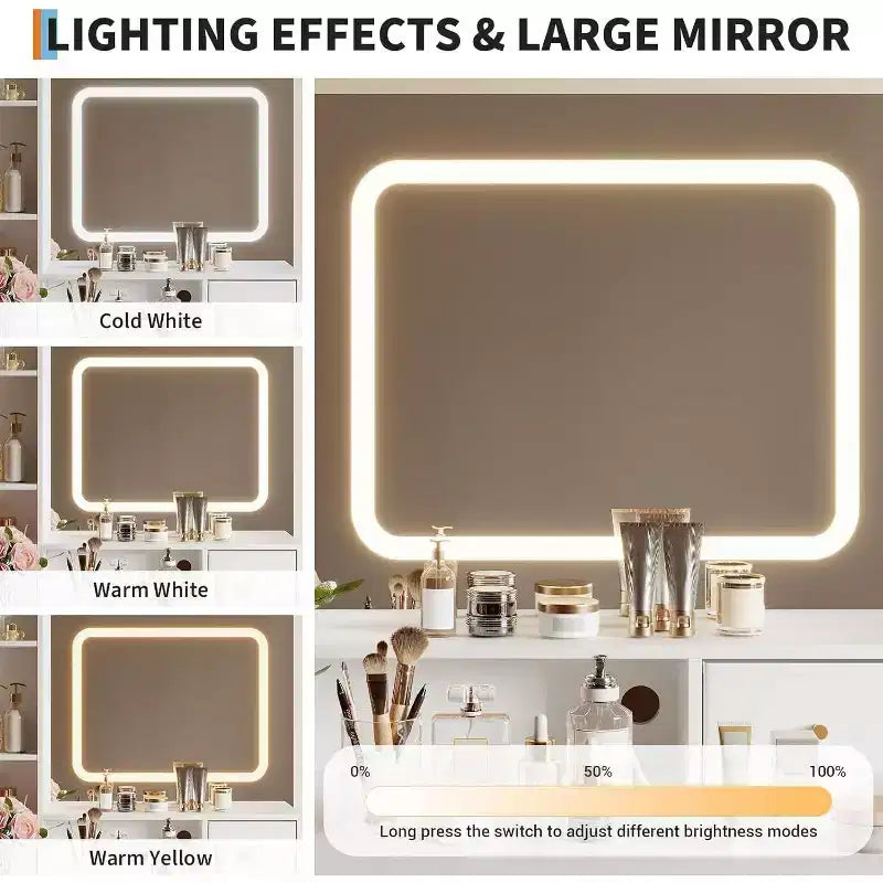 Vanity Desk with Mirror, 3 Lighting Modes, 4 Drawers, Side Shelves, Power Outlets, White Gold, 53 Wide