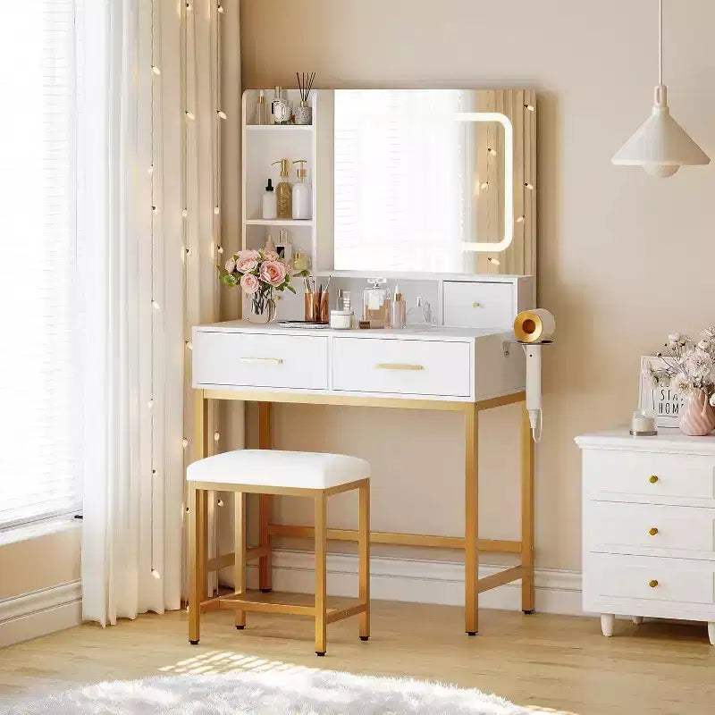 Toeletta con Specchio, 3 Modalità di Illuminazione, 4 Cassetti, Ripiani Laterali, Prese di Corrente, Bianco Oro, 134 cm di Larghezza