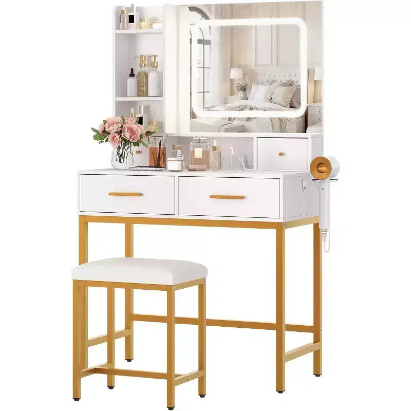 Toeletta con Specchio, 3 Modalità di Illuminazione, 4 Cassetti, Ripiani Laterali, Prese di Corrente, Bianco Oro, 134 cm di Larghezza