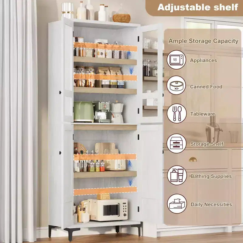 Armadio pensile alto 180 cm, dispensa da cucina, mobiletto da bagno a 5 ripiani con 4 ante e ripiani regolabili per cucina, sala da pranzo, bagno