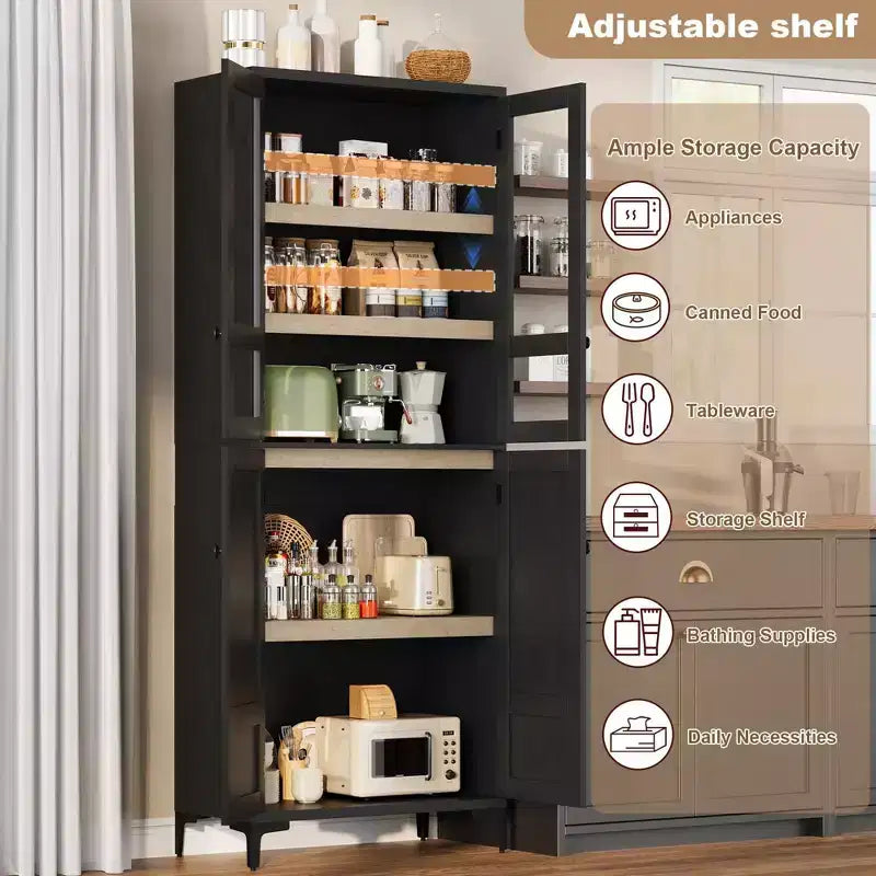 Armadio pensile alto 180 cm, dispensa da cucina, mobiletto da bagno a 5 ripiani con 4 ante e ripiani regolabili per cucina, sala da pranzo, bagno