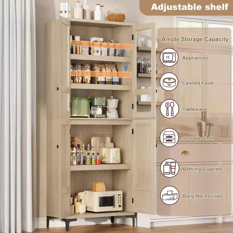 Armadio pensile alto 180 cm, dispensa da cucina, mobiletto da bagno a 5 ripiani con 4 ante e ripiani regolabili per cucina, sala da pranzo, bagno
