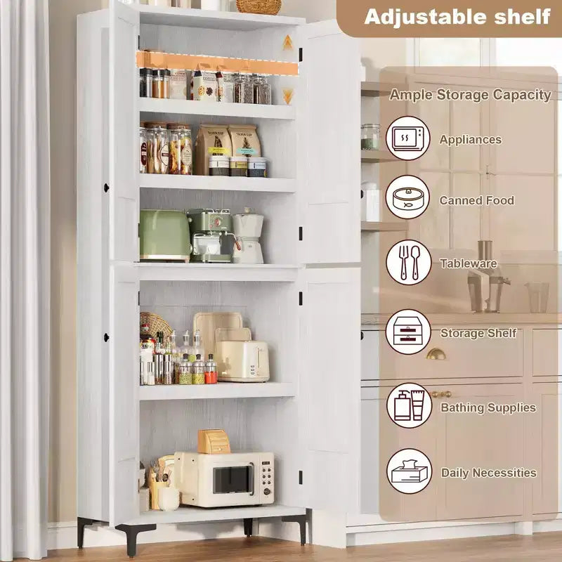 Armadio pensile alto 180 cm, dispensa da cucina, mobiletto da bagno a 5 ripiani con 4 ante e ripiani regolabili per cucina, sala da pranzo, bagno