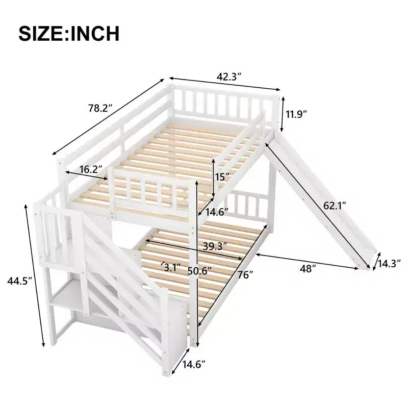 Letto a Castello in Legno Massello Gemello su Gemello con Scivolo Convertibile e Scala, Letto a Castello Basso con Spazio Contenitore