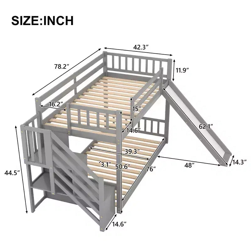 Letto a Castello in Legno Massello Gemello su Gemello con Scivolo Convertibile e Scala, Letto a Castello Basso con Spazio Contenitore