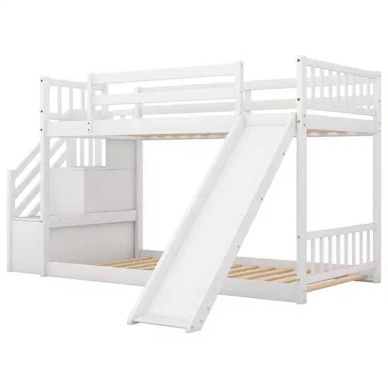 Letto a Castello in Legno Massello Gemello su Gemello con Scivolo Convertibile e Scala, Letto a Castello Basso con Spazio Contenitore