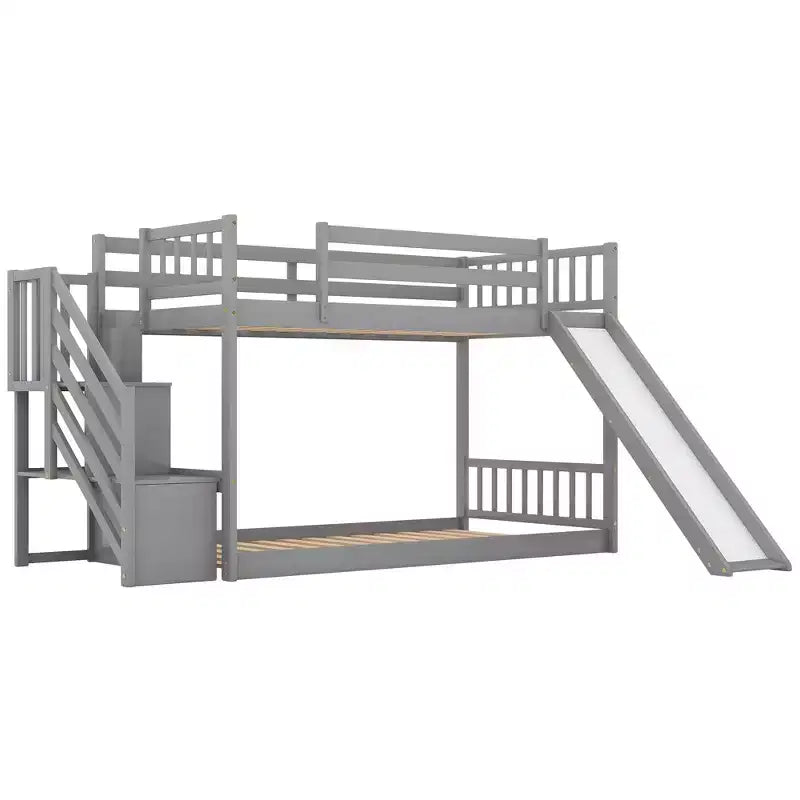 Letto a Castello in Legno Massello Gemello su Gemello con Scivolo Convertibile e Scala, Letto a Castello Basso con Spazio Contenitore