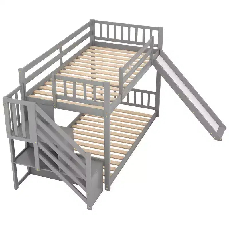 Letto a Castello in Legno Massello Gemello su Gemello con Scivolo Convertibile e Scala, Letto a Castello Basso con Spazio Contenitore