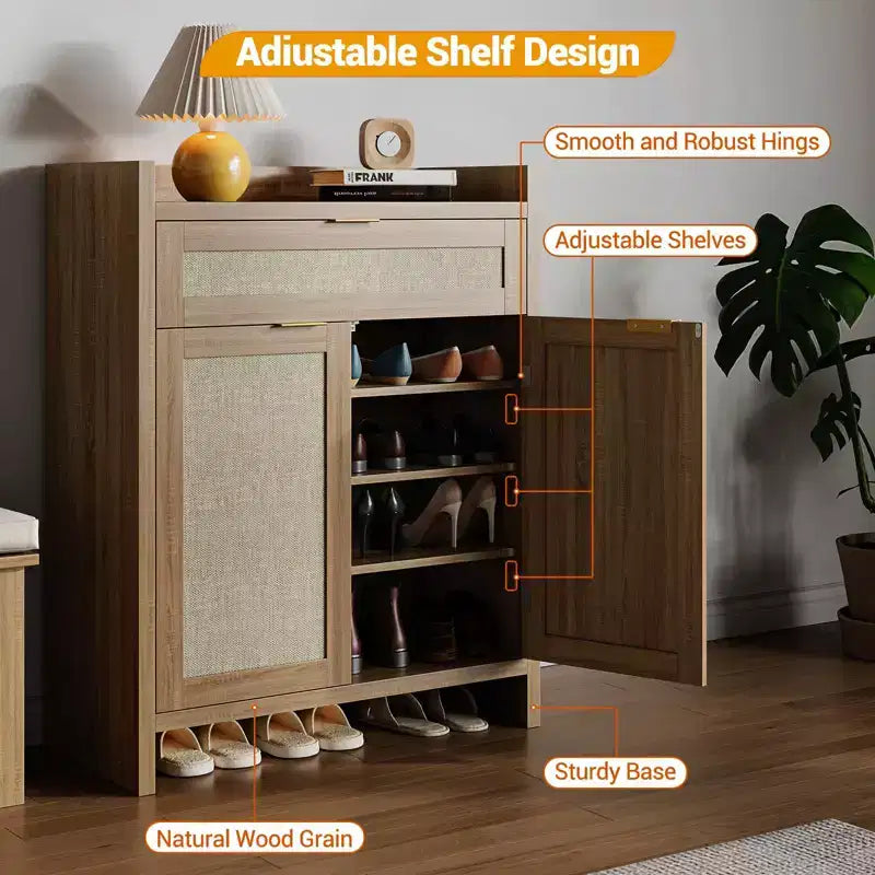41 Tall Wooden Shoe Cabinet with 2 Doors, Drawer, 6-Tier Farmhouse Storage Cabinet for Home