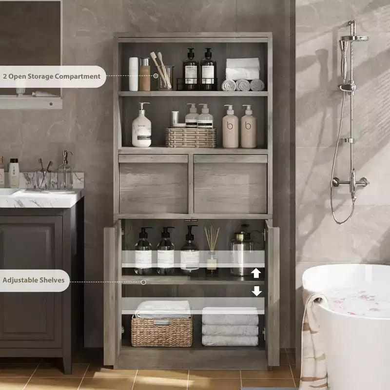Mobiletto da bagno alto, Armadietto da terra con ante e 2 cassetti, Organizzatore da bagno alto 130 cm autoportante per bagno, soggiorno