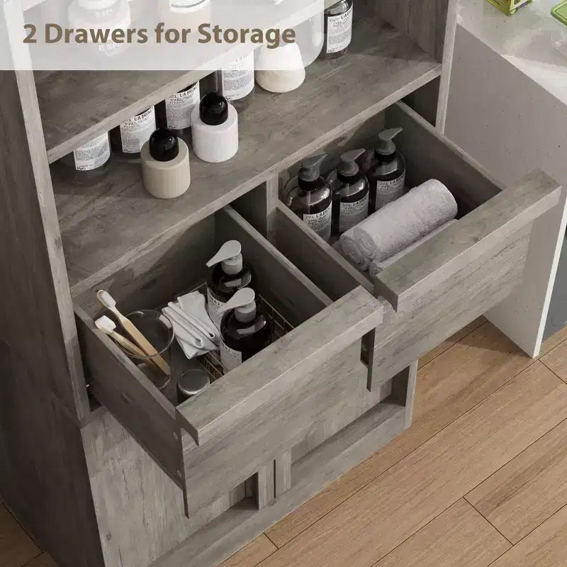 Mobiletto da bagno alto, Armadietto da terra con ante e 2 cassetti, Organizzatore da bagno alto 130 cm autoportante per bagno, soggiorno