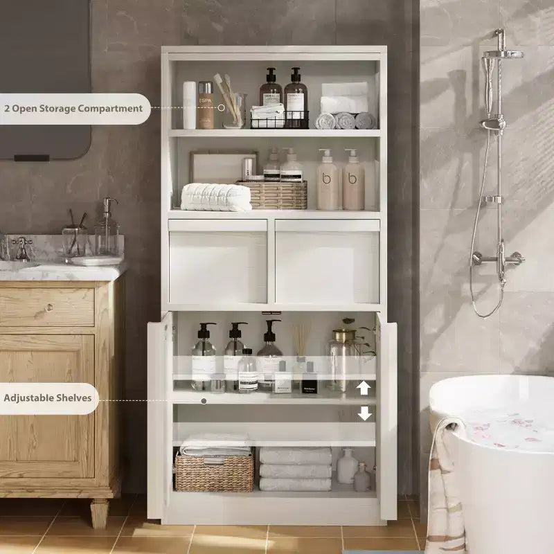 Mobiletto da bagno alto, Armadietto da terra con ante e 2 cassetti, Organizzatore da bagno alto 130 cm autoportante per bagno, soggiorno
