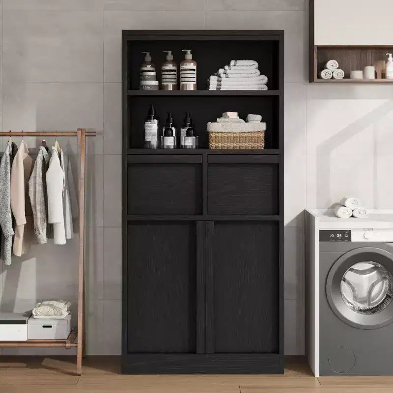 Mobiletto da bagno alto, Armadietto da terra con ante e 2 cassetti, Organizzatore da bagno alto 130 cm autoportante per bagno, soggiorno
