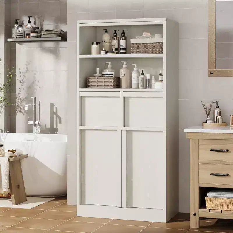 Mobiletto da bagno alto, Armadietto da terra con ante e 2 cassetti, Organizzatore da bagno alto 130 cm autoportante per bagno, soggiorno