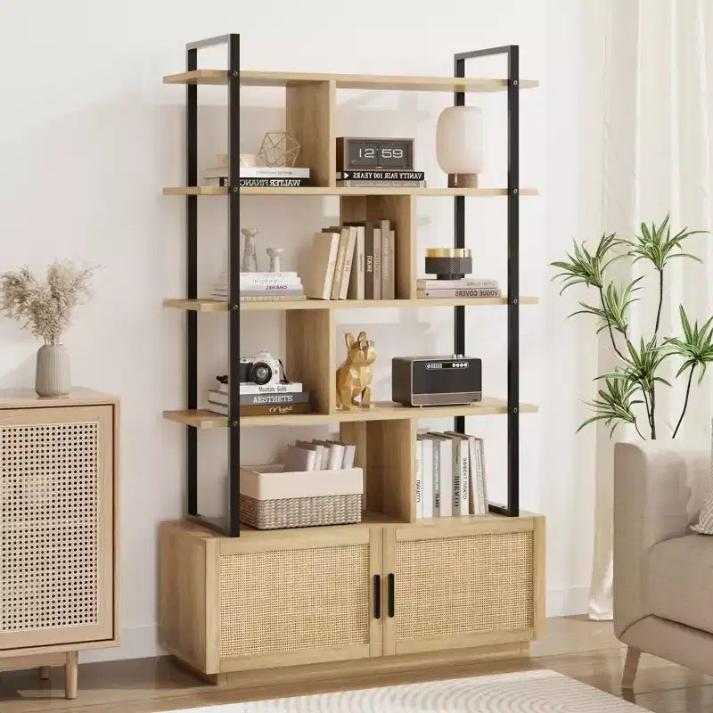 Libreria a 5 livelli con armadietto contenitore, libreria in rattan da 180 cm con ripiani a vista, libreria con telaio in metallo per soggiorno e camera da letto