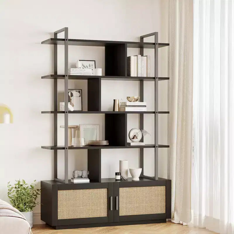 5 Tier Bookshelf with Storage Cabinet, 71 In Rattan Book Shelf with Open Display Shelves, Metal Frame Bookcase for Living Room Bedroom