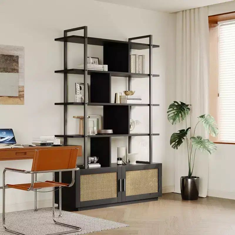 Libreria a 5 livelli con armadietto contenitore, libreria in rattan da 180 cm con ripiani a vista, libreria con telaio in metallo per soggiorno e camera da letto