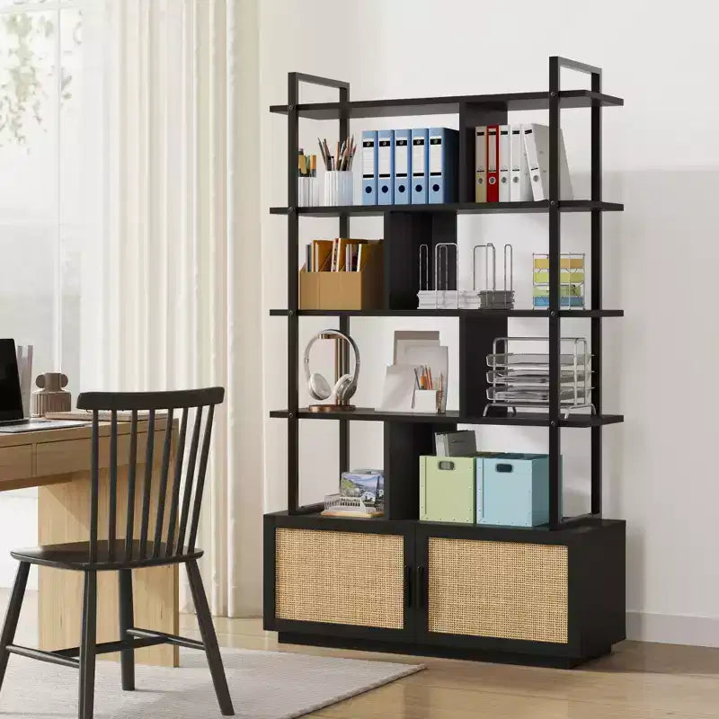 5 Tier Bookshelf with Storage Cabinet, 71 In Rattan Book Shelf with Open Display Shelves, Metal Frame Bookcase for Living Room Bedroom