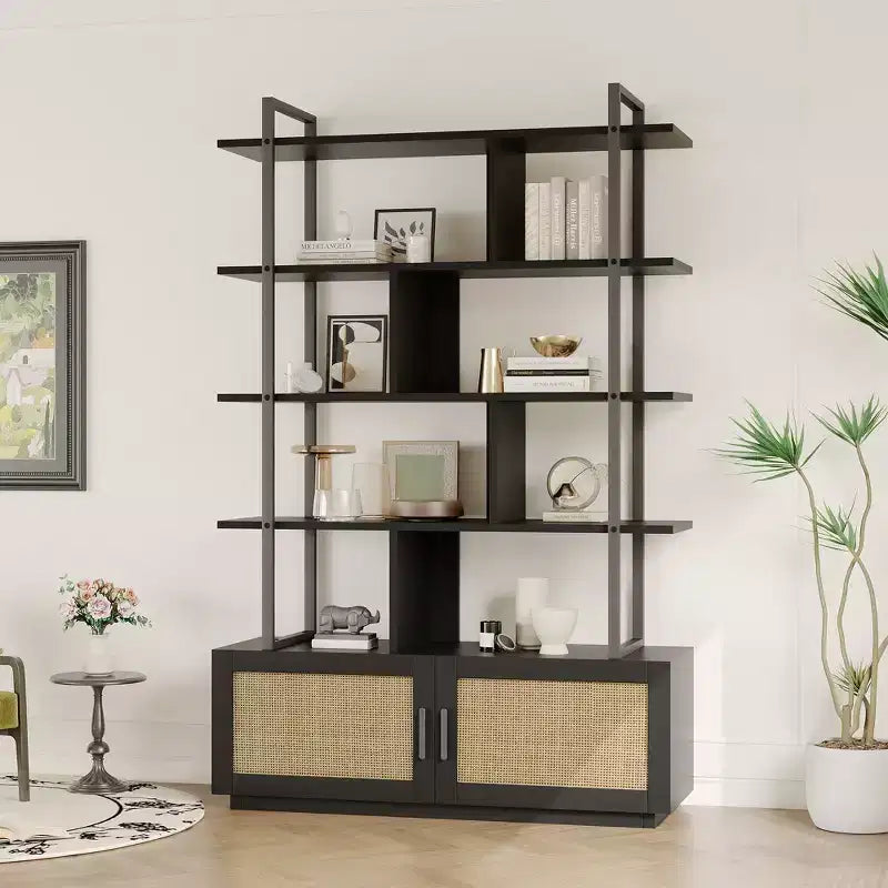 5 Tier Bookshelf with Storage Cabinet, 71 In Rattan Book Shelf with Open Display Shelves, Metal Frame Bookcase for Living Room Bedroom