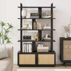 Libreria a 5 livelli con armadietto contenitore, libreria in rattan da 180 cm con ripiani a vista, libreria con telaio in metallo per soggiorno e camera da letto