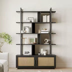 5 Tier Bookshelf with Storage Cabinet, 180.3 cm Rattan Book Shelf with Open Display Shelves, Metal Frame Bookcase for Living Room Bedroom