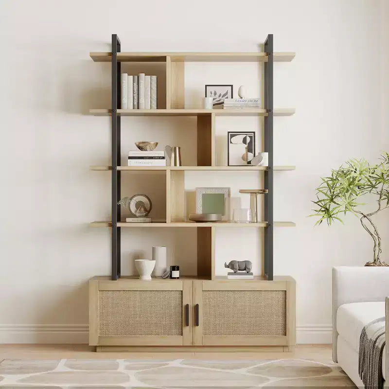 5 Tier Bookshelf with Storage Cabinet, 71 In Rattan Book Shelf with Open Display Shelves, Metal Frame Bookcase for Living Room Bedroom