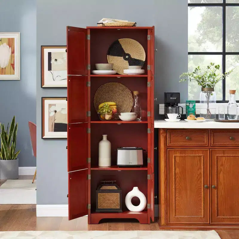 Mobile Alto da Fattoria con 8 Ante, Dispensa da Cucina in Legno da 183 cm con 4 Ripiani, Scaffale a 4 Livelli Autoportante, Scaffale per Soggiorno