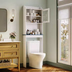 Over The Toilet Storage Cabinet, Adjustable Shelves, Tempered Glass Doors, White Bathroom Organizer for Small Spaces