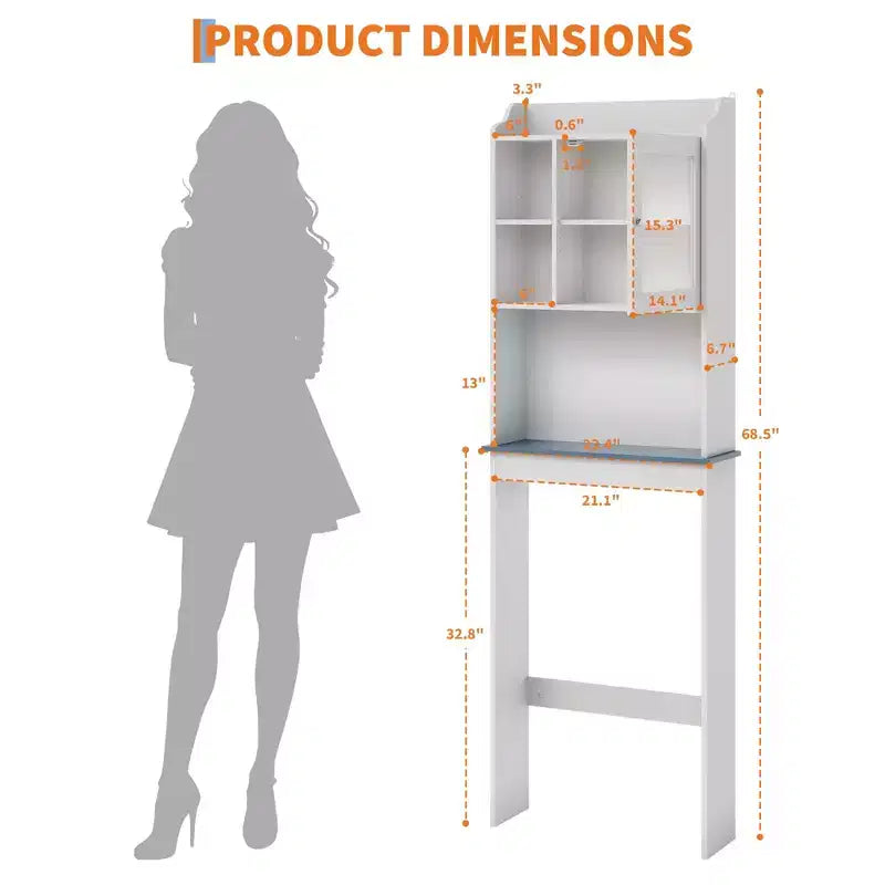 Over The Toilet Storage Cabinet, Adjustable Shelves, Tempered Glass Doors, White Bathroom Organizer for Small Spaces