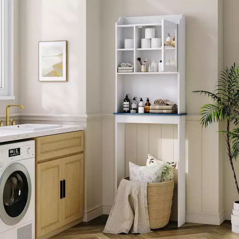 Over The Toilet Storage Cabinet, Adjustable Shelves, Tempered Glass Doors, White Bathroom Organizer for Small Spaces