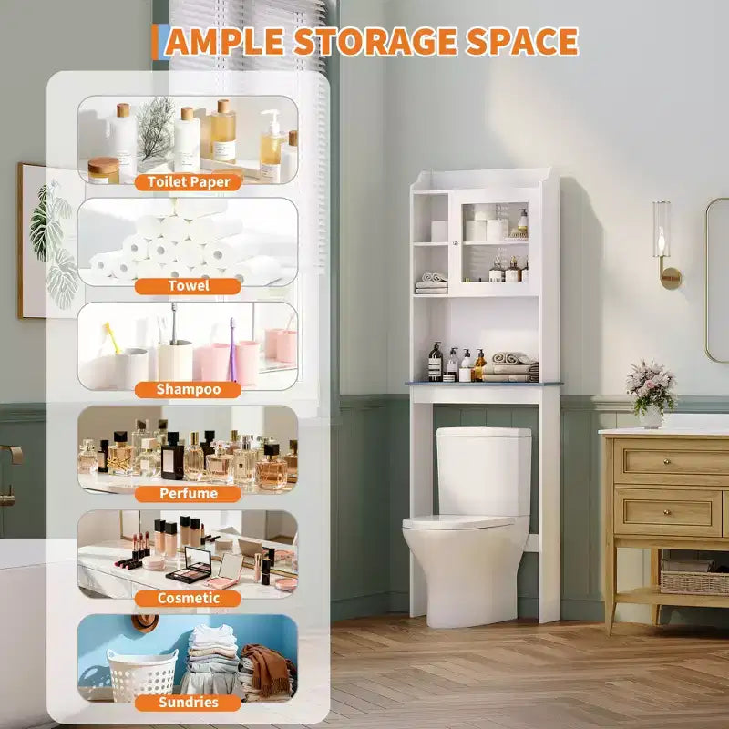 Over The Toilet Storage Cabinet, Adjustable Shelves, Tempered Glass Doors, White Bathroom Organizer for Small Spaces