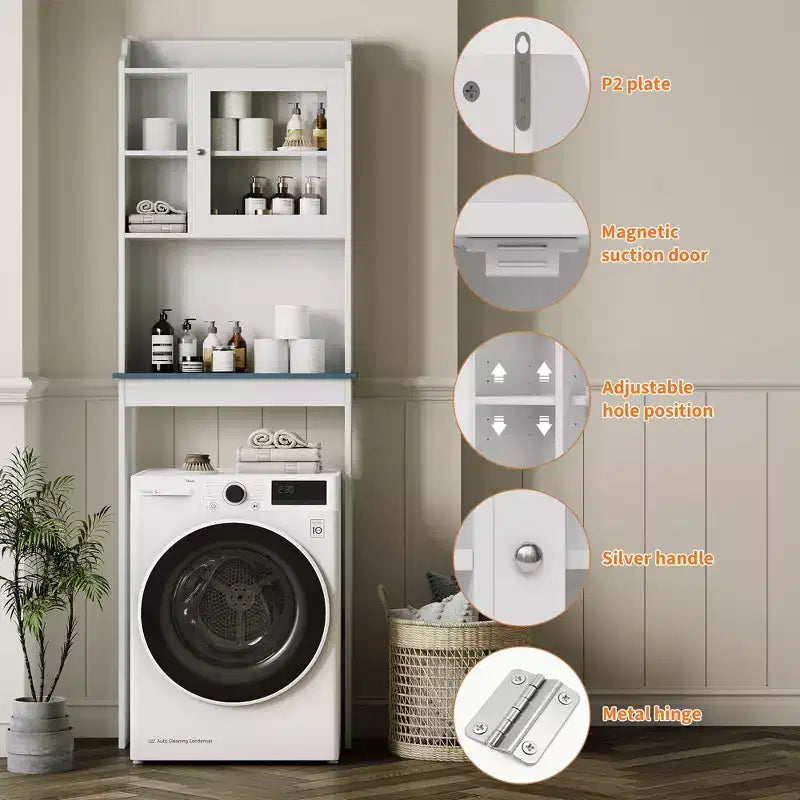 Over The Toilet Storage Cabinet, Adjustable Shelves, Tempered Glass Doors, White Bathroom Organizer for Small Spaces