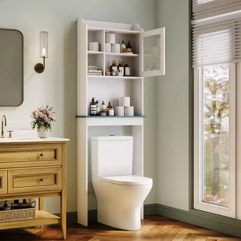 Mobiletto Salvaspazio da Bagno Sopra il WC, con Ripiani Regolabili, Ante in Vetro Temperato, Organizzatore Bianco per Piccoli Spazi