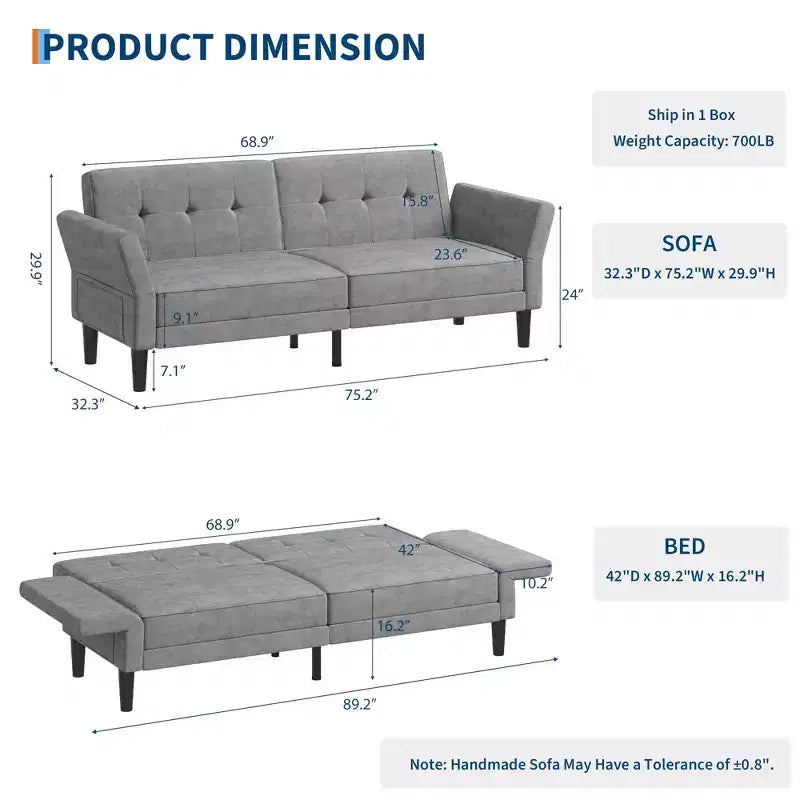 89 Divano letto futon, divano letto convertibile moderno con schienale e braccioli regolabili, divano a 3 posti