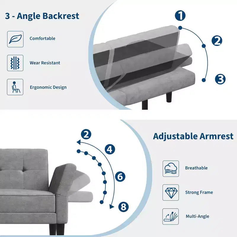 89 Divano letto futon, divano letto convertibile moderno con schienale e braccioli regolabili, divano a 3 posti