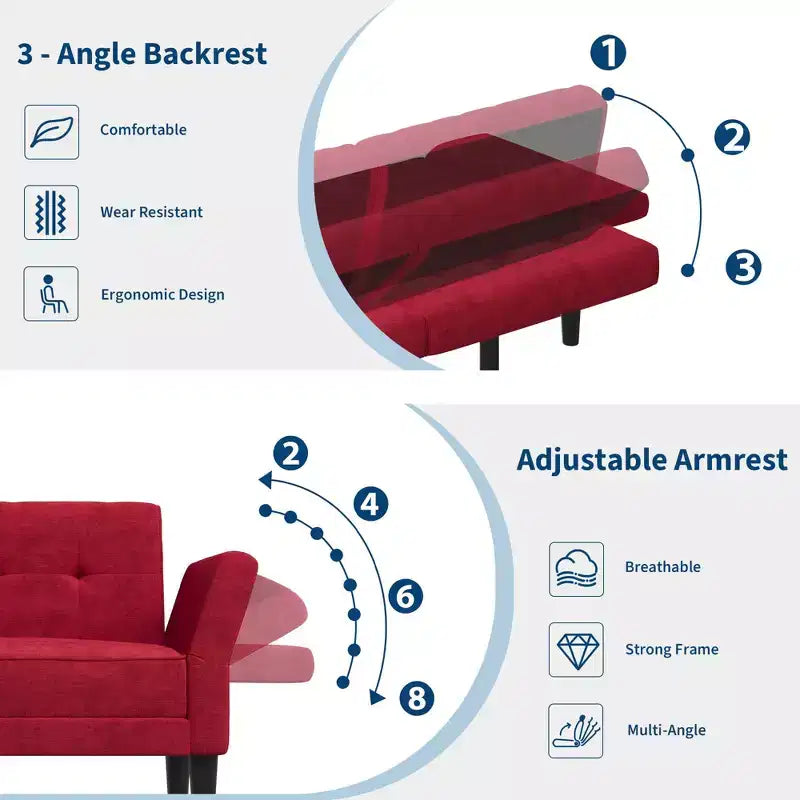 89 Divano letto futon, divano letto convertibile moderno con schienale e braccioli regolabili, divano a 3 posti