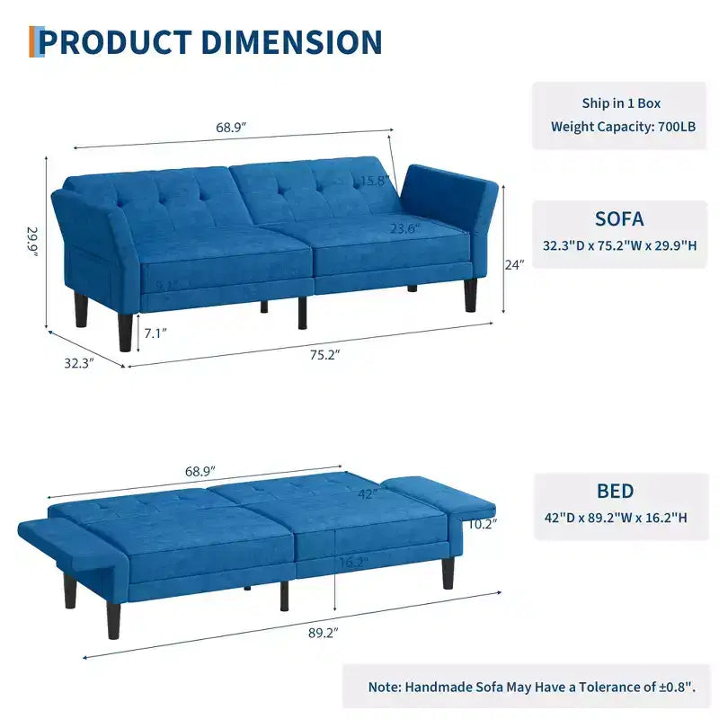 89 Divano letto futon, divano letto convertibile moderno con schienale e braccioli regolabili, divano a 3 posti