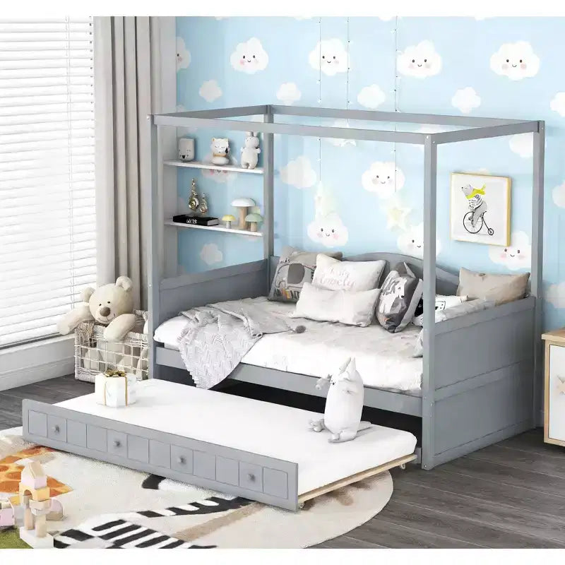 Twin Size Canopy Daybed with Trundle, Space-Saving Wooden Bed Frame for Bedroom.