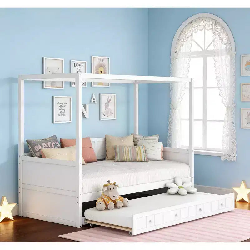 Twin Size Canopy Daybed with Trundle, Space-Saving Wooden Bed Frame for Bedroom.