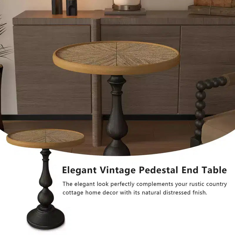 French Country Round Accent Side Table, Wooden Pedestal End Table for Living Room or Bedroom