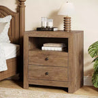 Farmhouse NightStand with 2 Drawers Storage, Mid-Century Retro End Table, Wide Bedside Night Stand for Bedroom, Easy Assembly