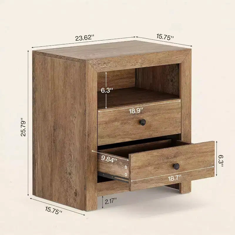 Comodino Rustico con 2 Cassetti Contenitori, Tavolino Retro Mid-Century, Comodino Largo per Camera da Letto, Facile da Montare