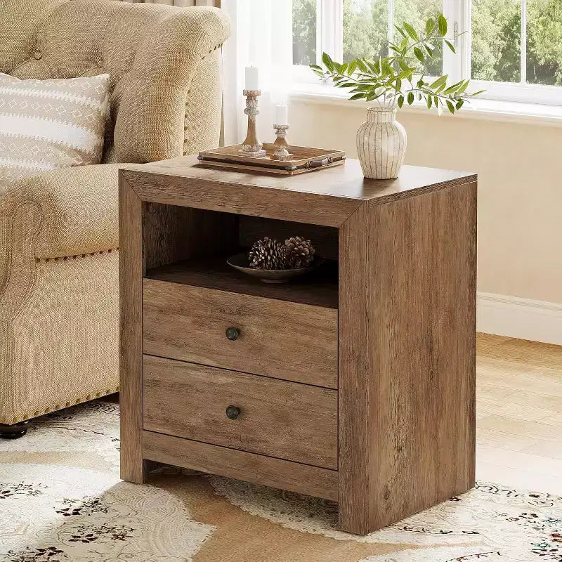 Farmhouse NightStand with 2 Drawers Storage, Mid-Century Retro End Table, Wide Bedside Night Stand for Bedroom, Easy Assembly