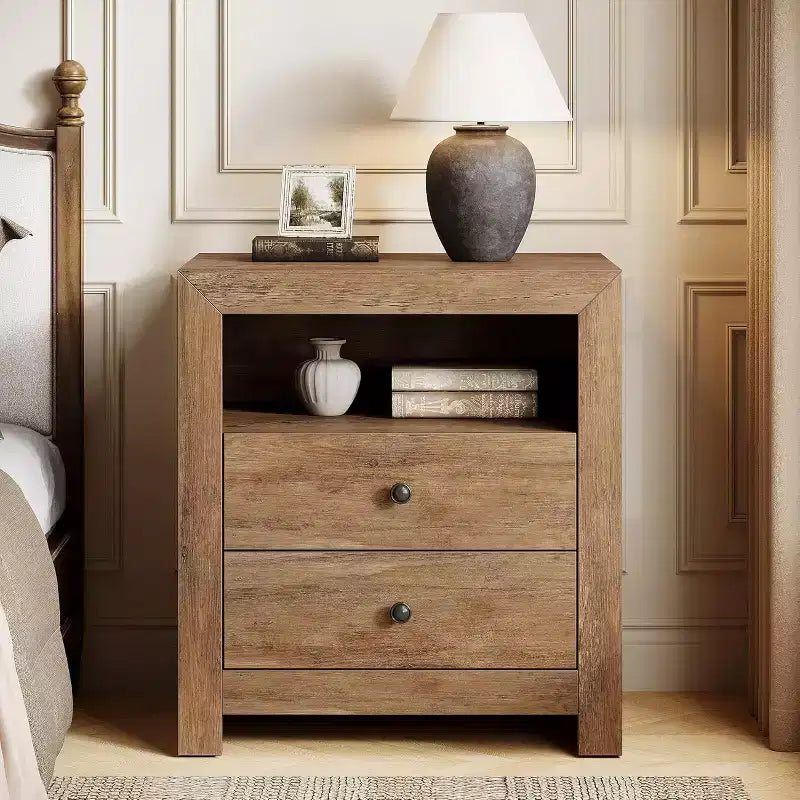 Farmhouse NightStand with 2 Drawers Storage, Mid-Century Retro End Table, Wide Bedside Night Stand for Bedroom, Easy Assembly