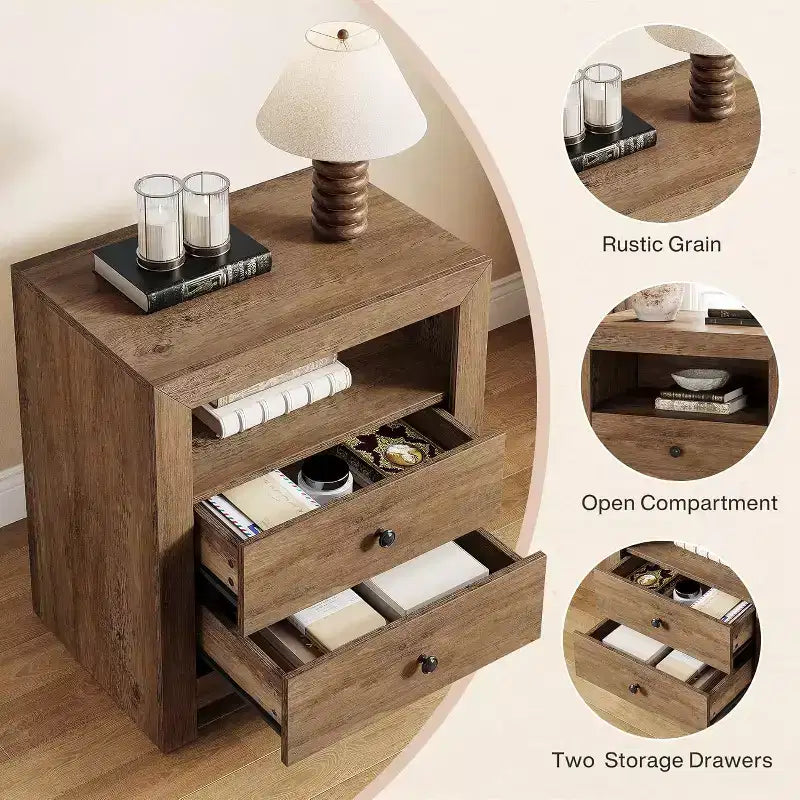 Comodino Rustico con 2 Cassetti Contenitori, Tavolino Retro Mid-Century, Comodino Largo per Camera da Letto, Facile da Montare