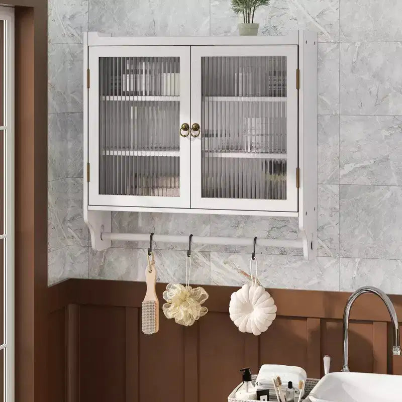 24.8Glass Door Vintage Double Door Wall Cabinet with Three Tiers of Storage with Towel Rack, for Bathroom, Kitchen,Dining Room