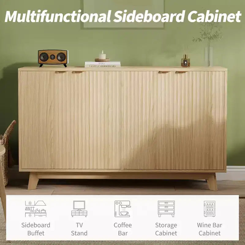 Credenza moderna scanalata con ante e ripiani regolabili, mobile buffet in legno da 140 cm per soggiorno, sala da pranzo, ingresso