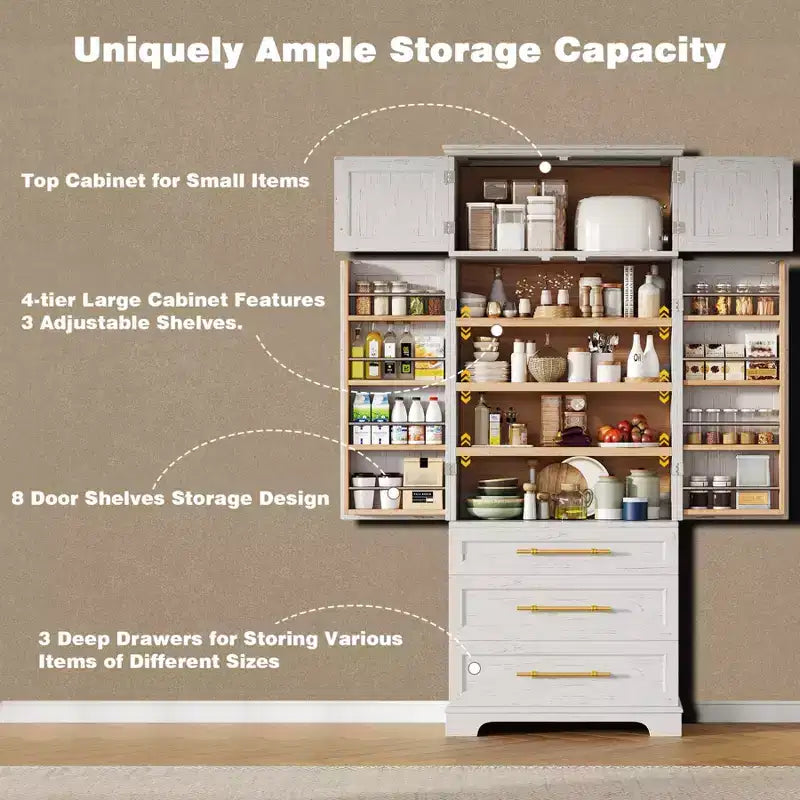 Mobile Dispensa da Cucina Alto 198 cm, Armadio Autoportante con 3 Cassetti, Madia da Cucina in Legno e Mobile Bar per Soggiorno