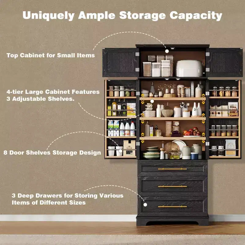 78 Tall Kitchen Pantry Cabinet, Freestanding Cupboard with 3 Drawers, Wooden Kitchen Hutch Cabinet & Coffee Bar Cabinet for Living Room