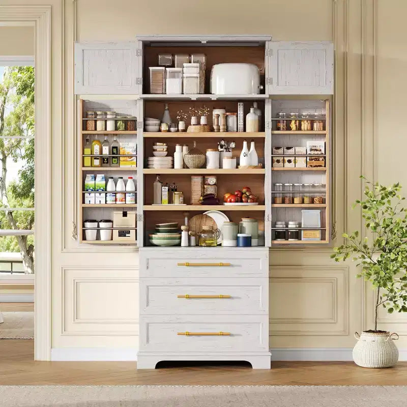 78 Tall Kitchen Pantry Cabinet, Freestanding Cupboard with 3 Drawers, Wooden Kitchen Hutch Cabinet & Coffee Bar Cabinet for Living Room